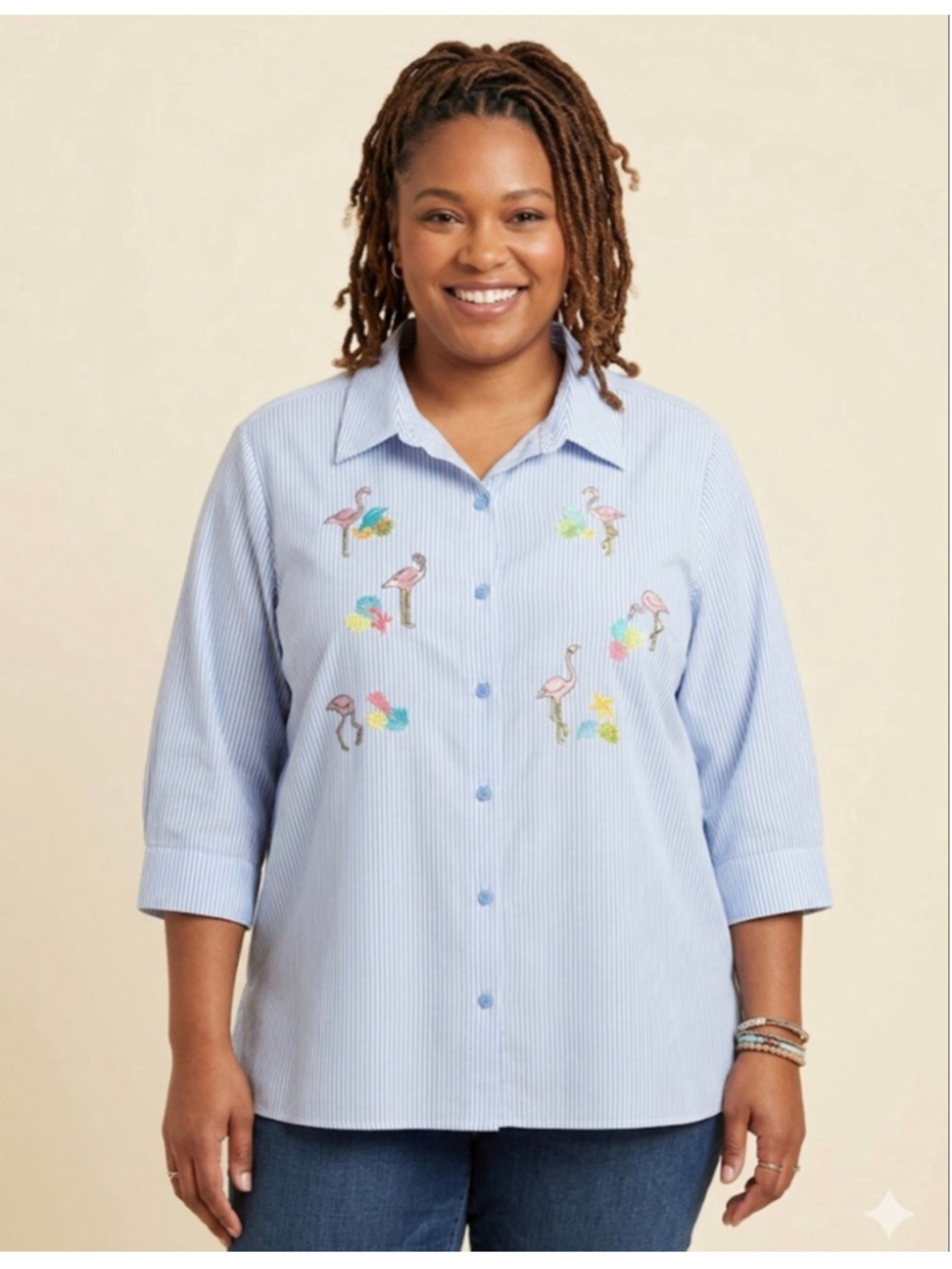 Breckenridge Blue & White Striped Flamingo Button Down Shirt Size 2X
